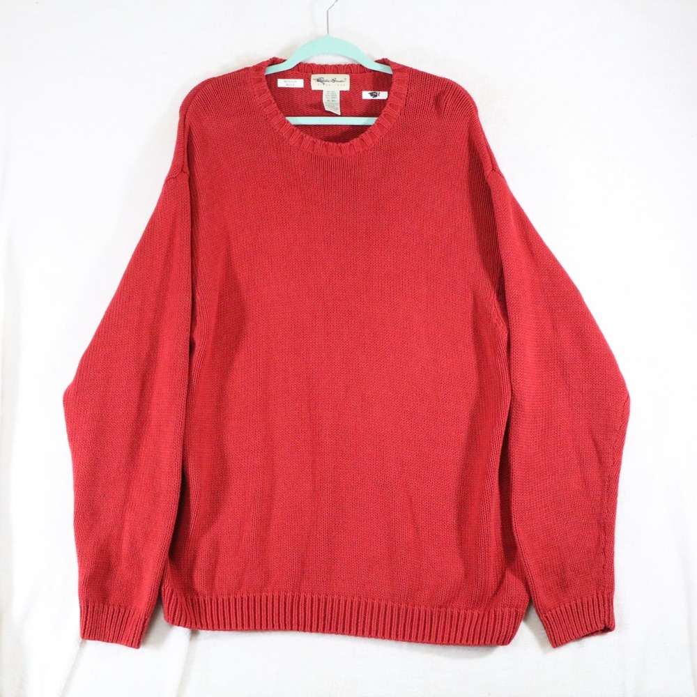 VTG Eddie Bauer Mens Tall XL Red Chunky Knit Crewneck Sweater Cotton Pullover